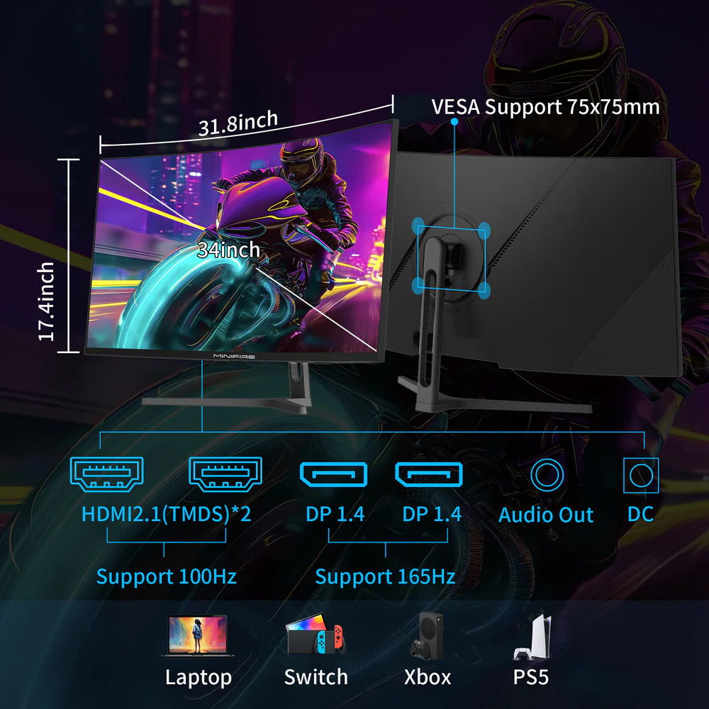 Minifire MFG34C5Q – Écran PC Gamer 34″ UWQHD 165Hz Incurvé